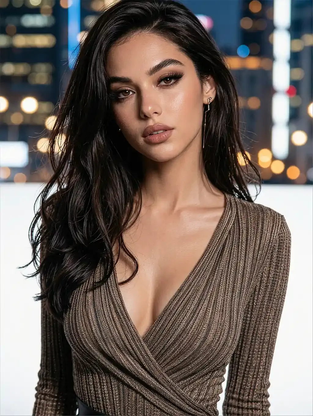 Fictional AI character in a taupe knit wrap top, out-of-focus city lights behind her